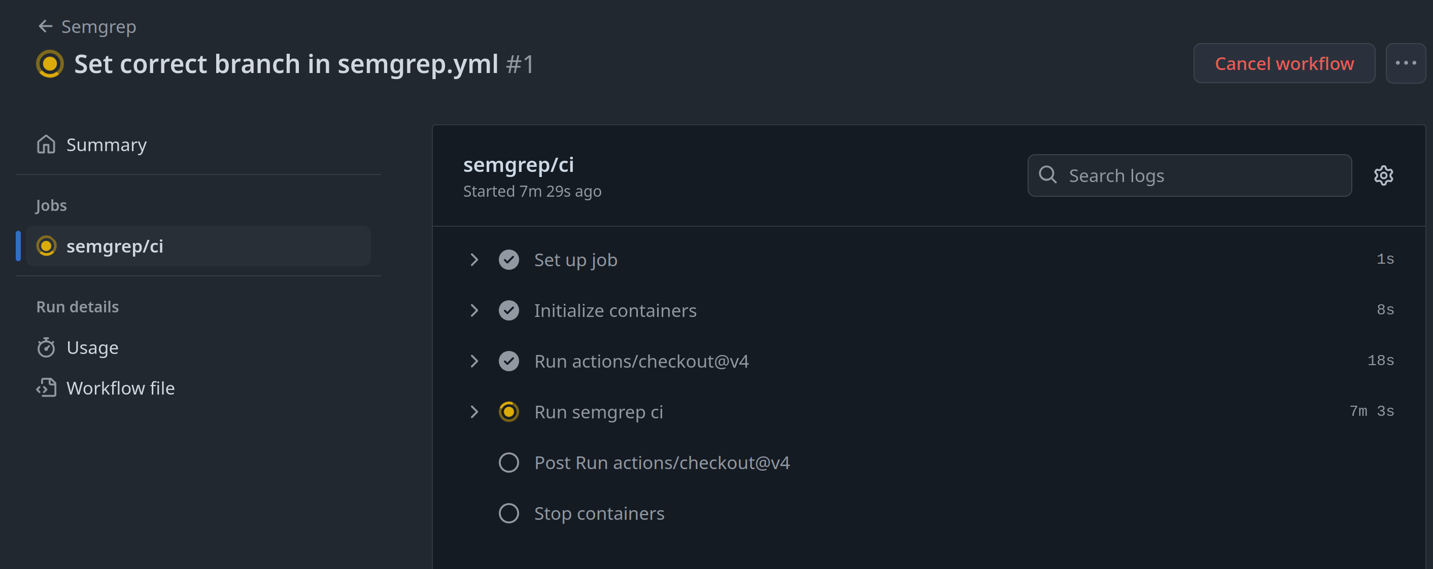 Semgrep GitHub action job is in progress