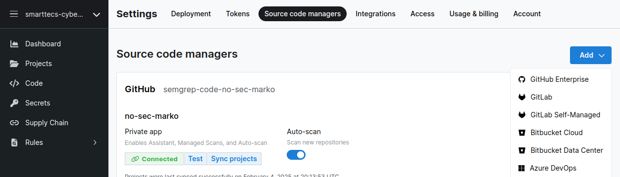 Adding a source code repository to Semgrep’s Source code managers